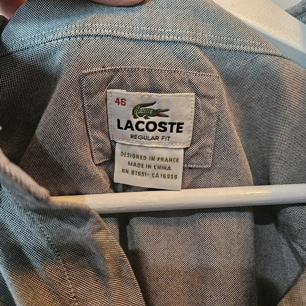 Lacoste Shirt Men's 46 Gray 100% Cotton LS Reg-Fit Collared Oxford Crocodile - Picture 4 of 8
